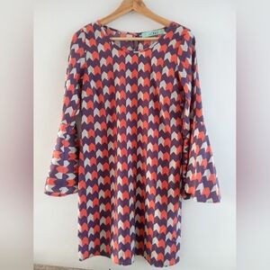 Karlie Chevron Long Sleeve Bell Sleeve Mini Dress Purple Orange White Small
